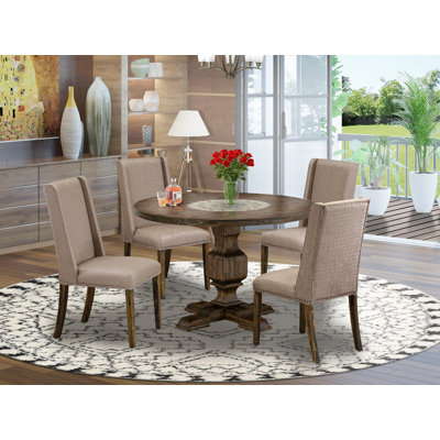 5 Piece Dining Set Consists of a Mid Century Dining Table and 4 Dark Khaki Linen Fabric Dining Chairs with High Back - Distressed Jacobean Finish