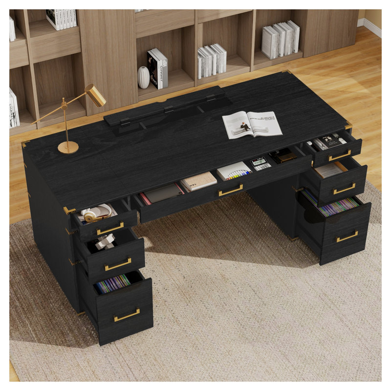 Bureau de direction 70 po avec bordure en métal, finition noire et dorée, grande surface d'écriture pour le bureau personnel