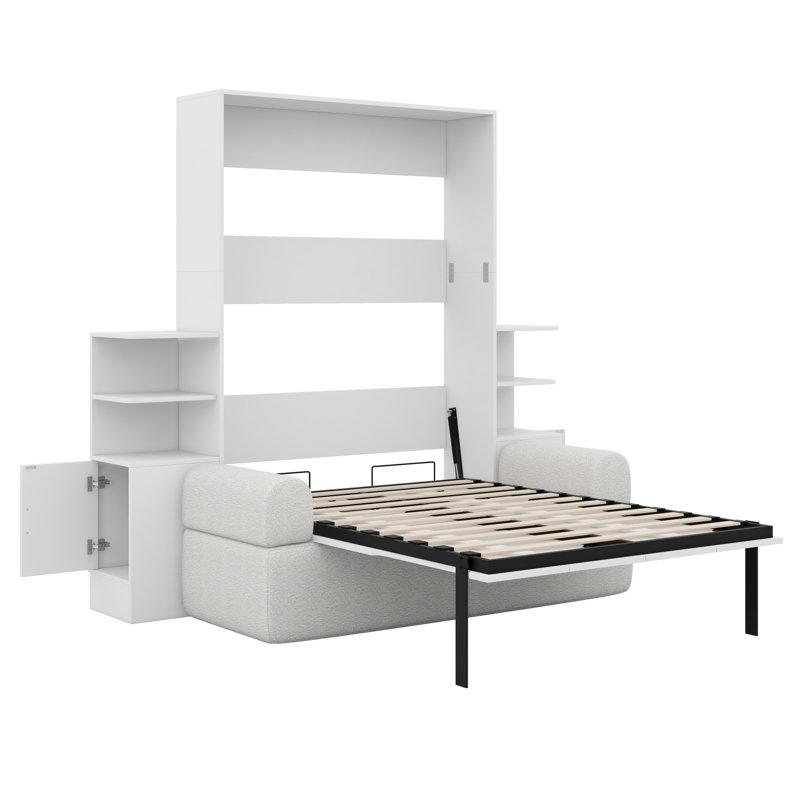 Wall Murphy Bed With Sofa And Storage Cabinets For Home Office And Guest Room, White