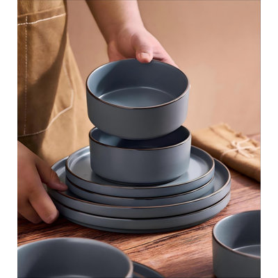 Stoneware Dinnerware Sets, Plates And Bowls,12 Pieces Dishes Set, Microwave And Dishwasher Safe Kitchen Plates,  Sets For 4, (Charcoal)