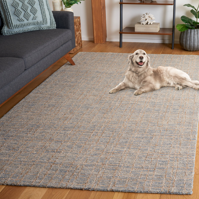 Alvonia Ebony Hand Tufted Wool Jute Cotton Geometric Rug in Beige/Blue, Rectangle 6' x 9'