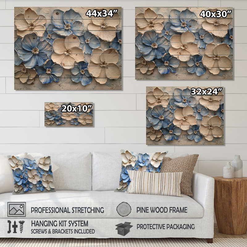 Velours crème bleu Rhododendron I - décoration murale en bois de rhododendron - sur bois de pin naturel