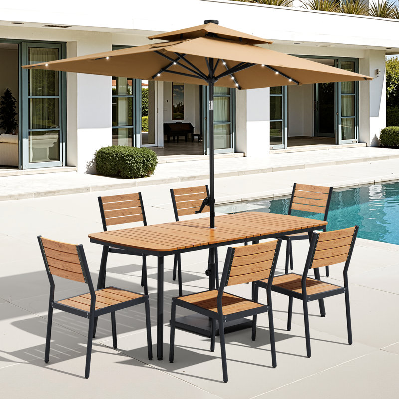 Oval Patio Dining Table With Umbrella Hole and Aluminum Frame, Brown, 33.1" W x 70.9" L x 29.1" H
