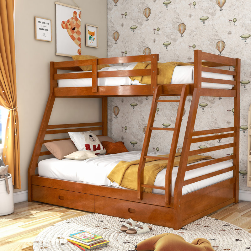 Briyith Kids Twin Over Full Bunk Bed with Drawers, Oak