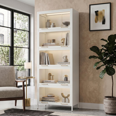 Vitrine de 76,75 po de hauteur à 5 niveaux avec portes en verre, bibliothèque moderne avec éclairage à DEL avec poignée en laiton rétro, armoire vitrée avec porte coulissante en verre pour salon, bureau, bureau et salle de jeux