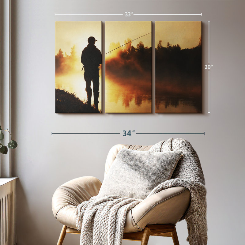 «Foggy Riverbank Fishing», 3 pièces sur toile, H 20 po x l 33 po x P 1,25 po