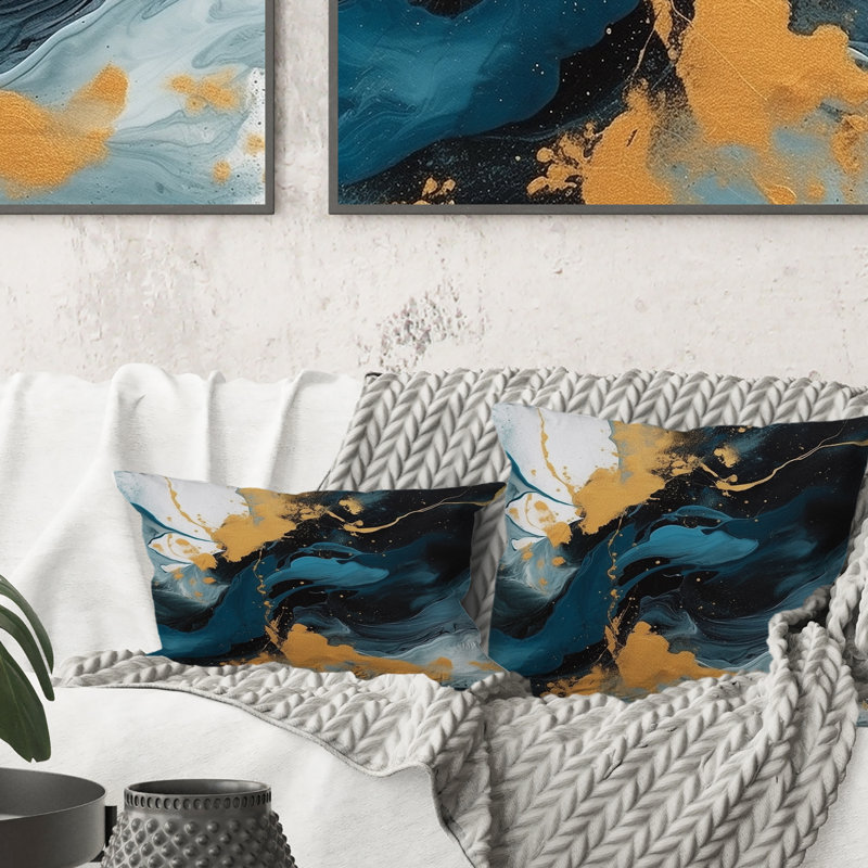 Coussin décoratif bleu foncé et doré à motif de fractales