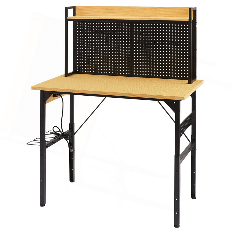Établi réglable 48 po avec panneau perforé, établi en bois robuste avec roulettes, capacité de charge de 1 600 lb, établi roulant avec prise CA / USB, crochets, tablette, pour garage, atelier, bureau, maison.