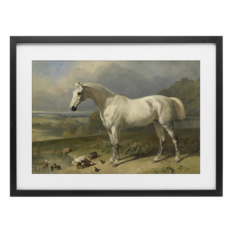 Cheval gris et canards dans un paysage, reproduction sous verre, conception de Tina LeCour, H 17 po x l 23 po
