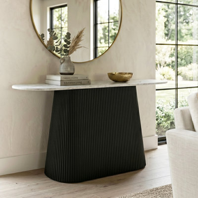 Huot Sintered Stone Top Pedestal Sofa Table With Reeding Base