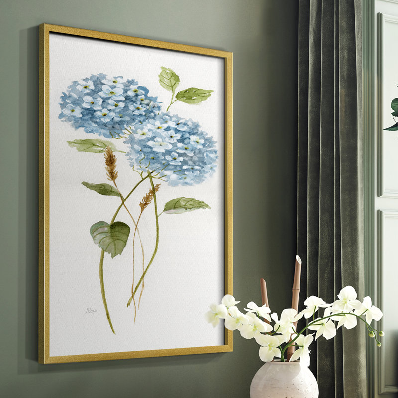 «Petite Blue Hydrangea II», reproduction encadrée - bois massif, Cadre doré simple, H 28 po x l 22 po