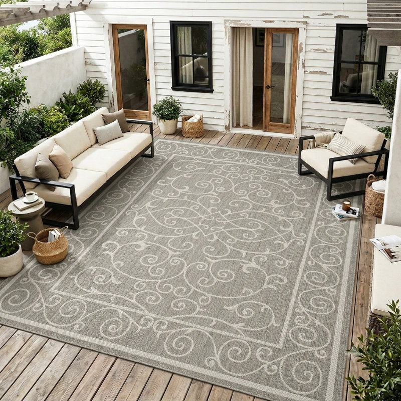 Traditional Floral Scrollwork Indoor / Outdoor Area Rug, Gray/White, Rectangle 5' x 7'