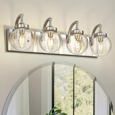 Luminaire de meuble-lavabo moderne à 4 lumières avec abat-jour en verre transparent, finition nickel brossé pour miroir de salle de bain, salon et couloir