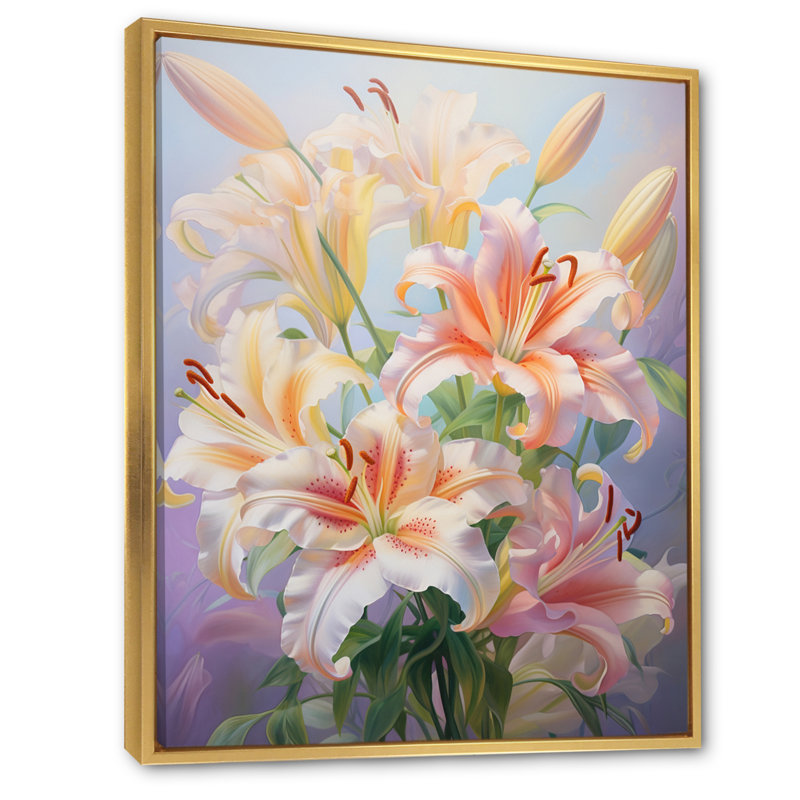 Impression romantique rose et lis rose et jaune, H 40 po x l 30 po x P 1,5 po, Cadre flottant doré