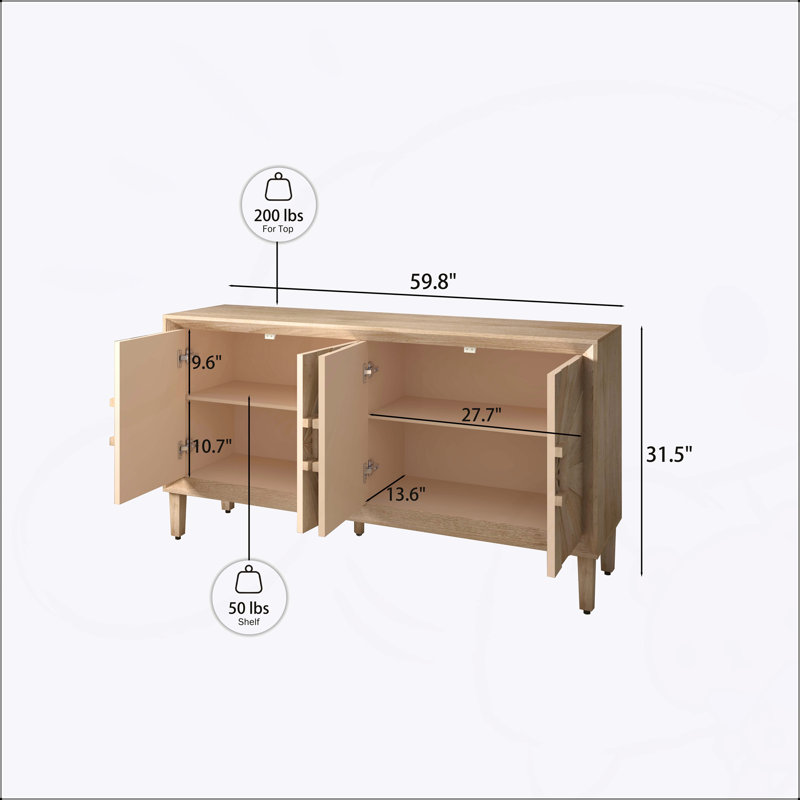 Crédence de style campagnard rustique de 60 pouces de qualité supérieure, élégante avec portes symétriques Sunburst, meuble télé robuste et tablettes réglables