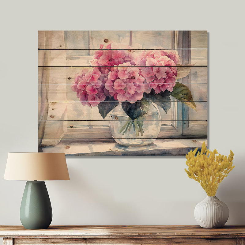 Bouquet d'hortensias par la fenêtre II - Art mural en bois d'hortensia - sur bois de pin naturel, H 10 po x l 20 po