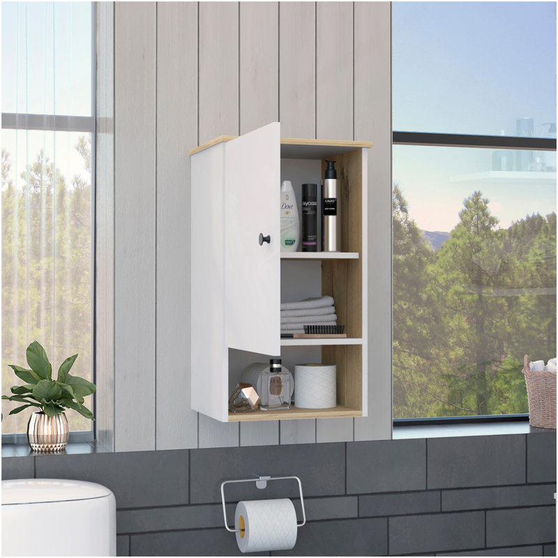 Medicine Single Door Cabinet 28" H, One Shelf, Two Interior Shelves, Light Oak / White