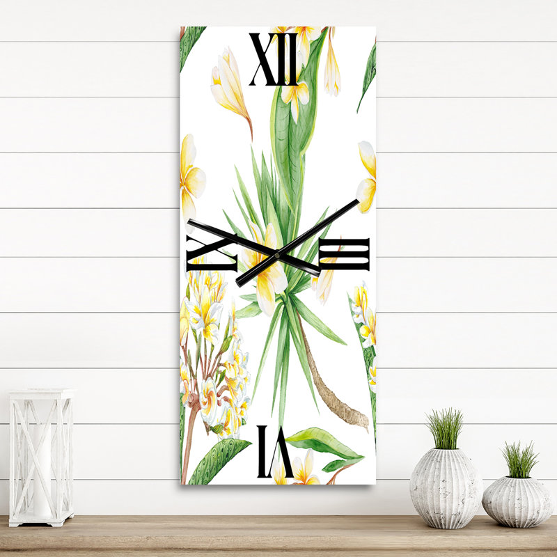 Horloge murale à feuillage tropical et fleurs V, Grand