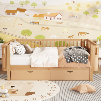 Full Size Wood Platform Bed with Storage Drawers, Low Profile Kids Bed with Safety Rails and Patented Design, Natural Finish for Boys and Girls Room
