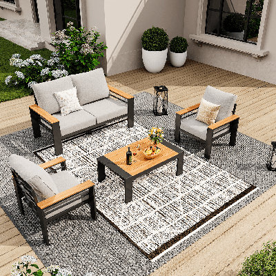 Outdoor Couch Aluminum Patio Furniture Sofa, 4 - Person Seating Group With Cushions, 4 Piece Conversation Sets With Removable Cushion by Latitude Run