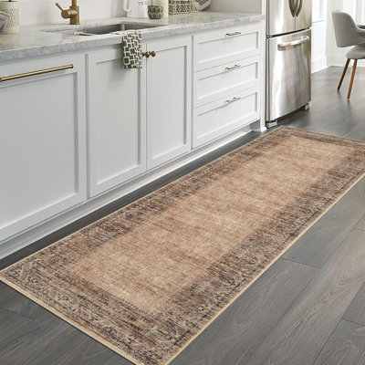 2x6 Washable Vintage Border Runner Rug Non-Slip Low Pile Stain-Resistant Boho Throw Carpet for Kitchen Hallway Living Room Bedroom Taupe/Brown.