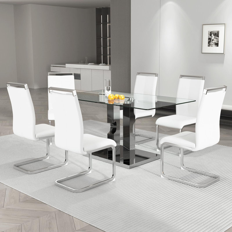 63"  Dining Table Set, Glass Dining Room Table Set with Open-Frame Legs and PU Leather Chairs, White