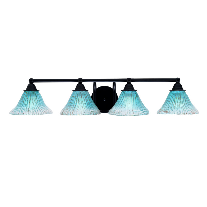 Barre d'éclairage de salle de bain 4 lumières Paramount au fini noir mat avec verre cristal sarcelle de 7 po