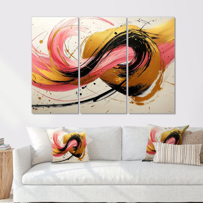 Abstrait cercles abstraits dans des tons roses et dorés - ensemble de salon art abstrait formes murales
