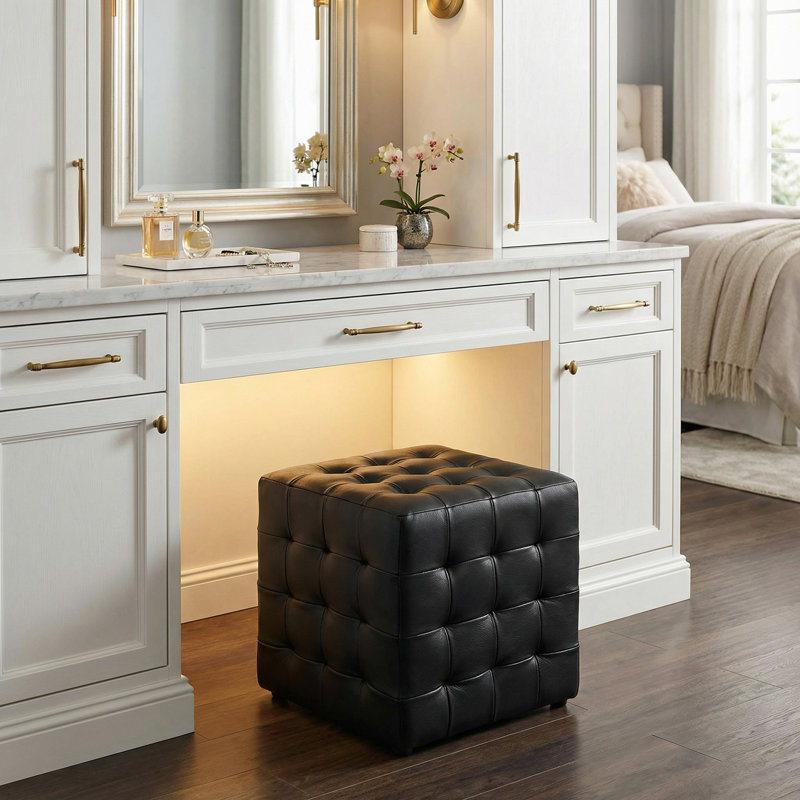 Phabian Tufted Cube Ottoman in 100% Genuine Leather, Black 