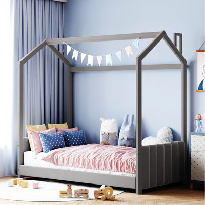 Lit simple en velours gris avec toit pour un jeu énergique et un sommeil réparateur, conception semi-fermée, bois de pin, L 80,3 po x l 41,2 po H 75 po, toit requis avec bandes de tête de lit