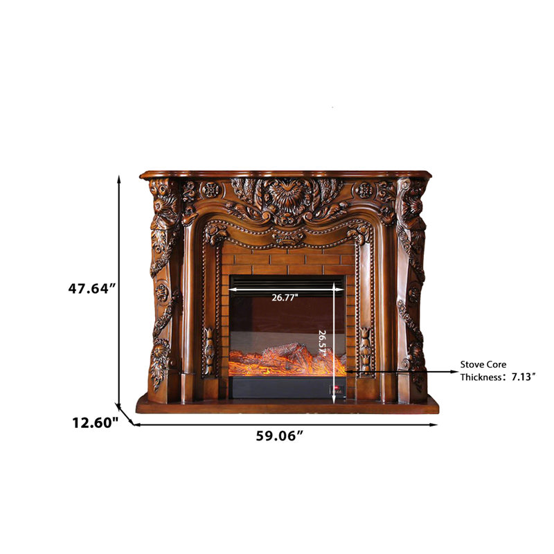 59.06"Brown Vintage Solid Wood Simulated Flame Electric Fireplace, 47.64" H x 59.06" W x 12.6" D, Brown