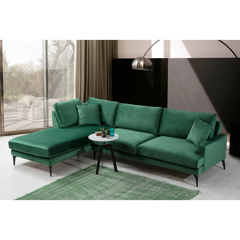 Élégant canapé d'angle avec structure en bois de hêtre, 111,4 po x 70,9 po x 34,6 po | Tissu 100% polyester, gris doux et coussins en mousse de silicone | Portable et nettoyable à sec | Pieds en métal noir mat | Design moderne et industriel vert