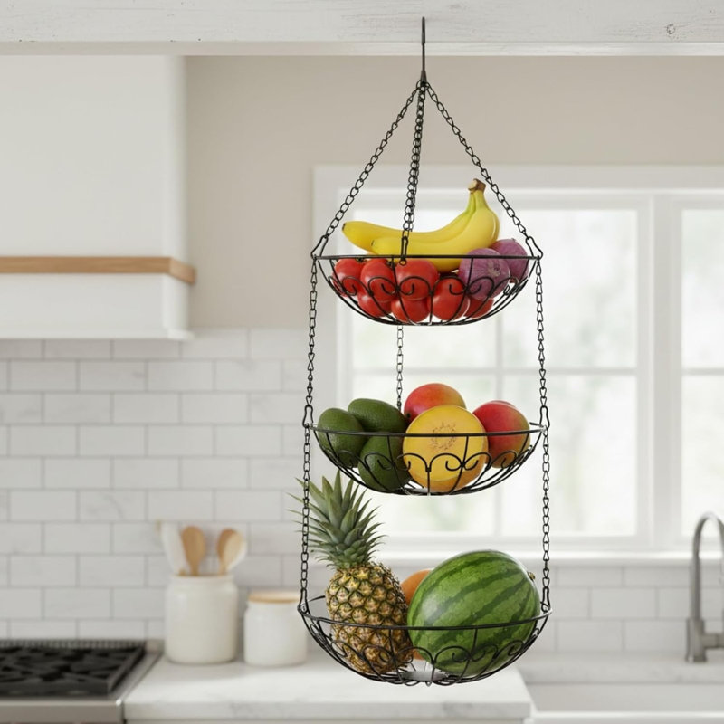 Panier à fruits suspendu à 3 niveaux, paniers grillagés robustes pour la cuisine, support à légumes suspendu rustique
