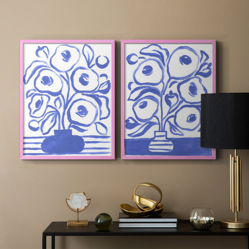 «Blue Brush Flowers I», reproduction encadrée de qualité supérieure - prête à être accrochée - aucun clou requis - aucun clou requis
