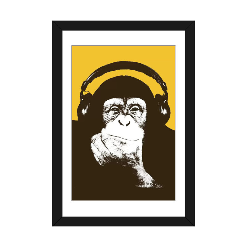 «Headophone Monkey», impression sur toile, Papier d'art encadré noir, H 24 po x l 16 po x P 1 po