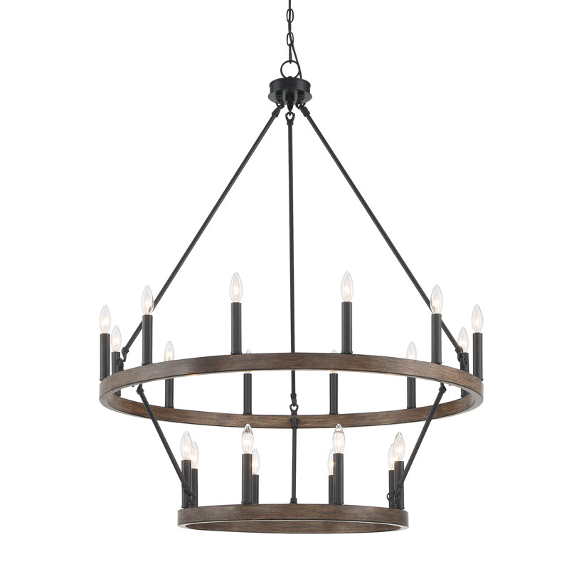 Farwell  2 Tier 20 Light Wagon Wheel Candle Style Chandelier, Walnut/Black