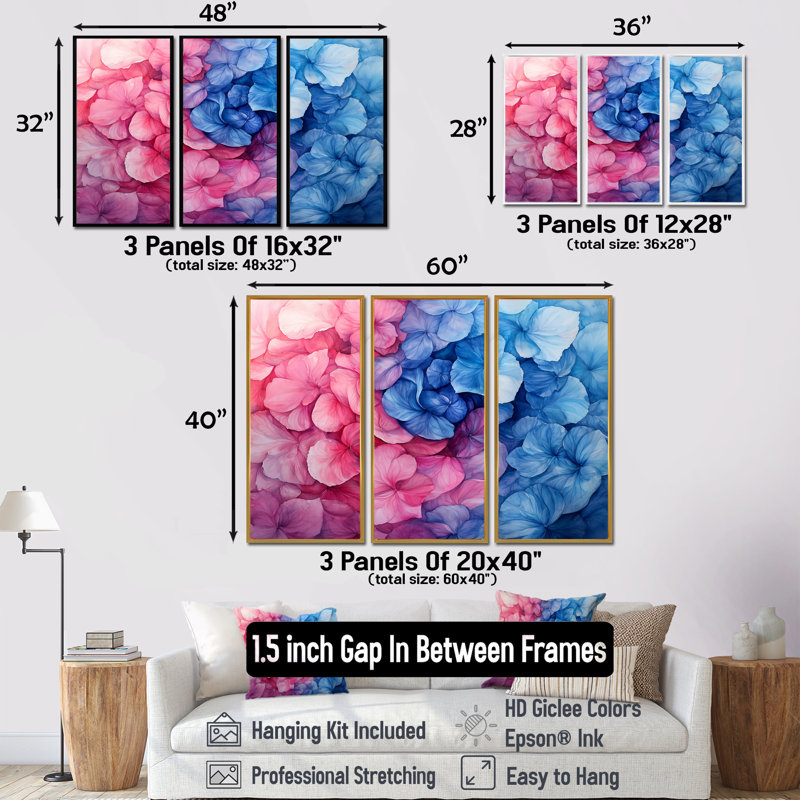 Hortensia coloré tourbillon II - art mural hortensia - ensemble de 3, H 28 po x l 36 po, Blanc