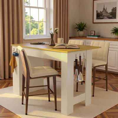 Table de salle à manger 3 en 1 avec plateau pliable, armoire fermée, tablette réglable, compartiment ouvert et crochets latéraux