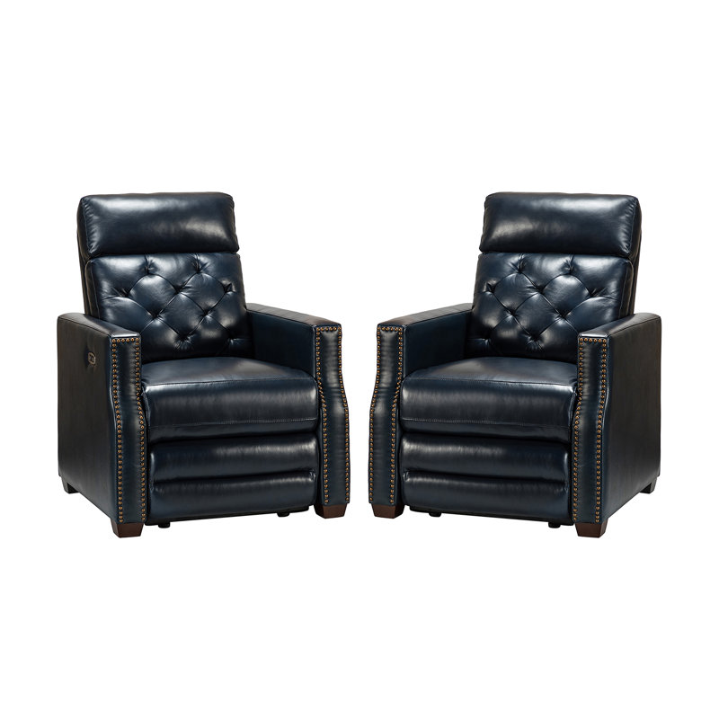 Gumesindo 31.50" Wide Genuine Leather Power Recliner, Navy  Genuine Leather