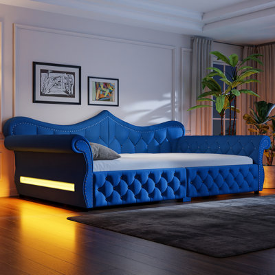 Queen Size Upholstered Daybed with LED Lights and Nailhead Trim – Sofa Bed for Living Room, Blue