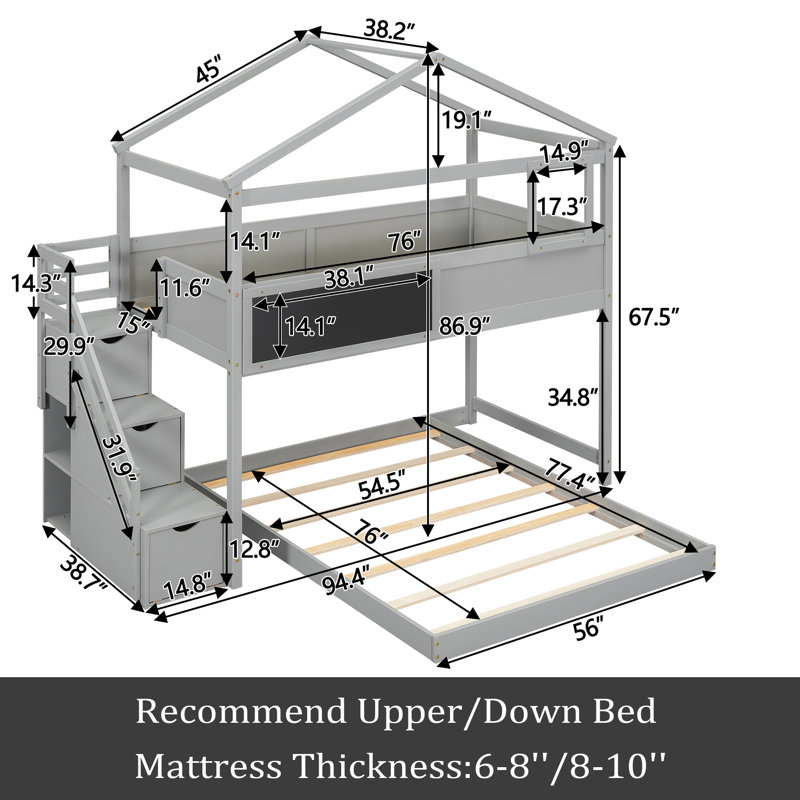 Aiert Kids Twin Over Full Bunk Bed, Gray