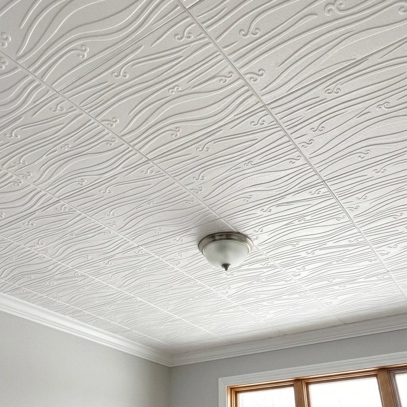 20X20 Styrofoam Ceiling Tiles Glue-Up Decorative Panels For Easy Diy Install, Home & Basement Renovation. R102 Ripple Waves, Plain White, Lot/8