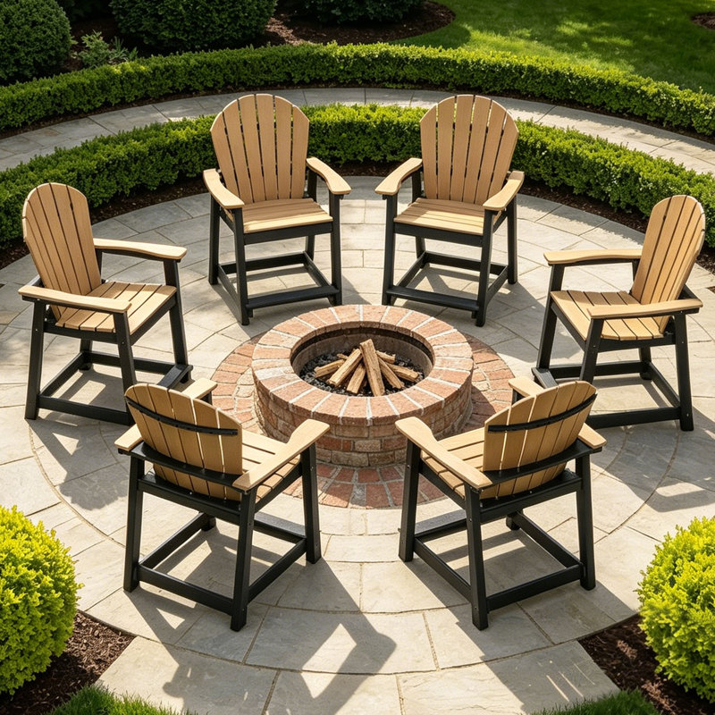 Outdoor HDPE Adirondack Chairs Set of 6, Patio Bar Stools, Black/Brown