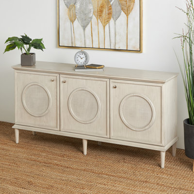 Light Gray Wooden Washed Circular Woven Rattan 3 Door Media Credenza Sideboard with Round Silver Knobs, 66" x 16" x 33"