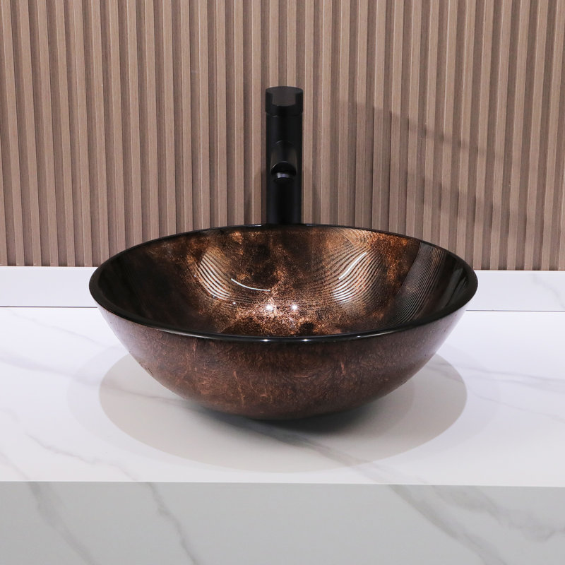 16.5"L x 16.5"W Glass Bathroom Vessel Sink Circle Tempered Glass Bathroom Sink with Pop-up Drain and Basin Faucet, Bronze