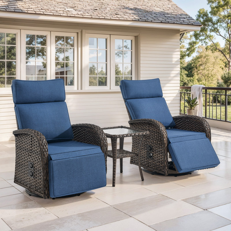 Patio Recliner Swivel Chair With Adjustable Backrest & Footrest, All-Weather Outdoor Chaise Lounge Chair Set Of 2 With Side Table