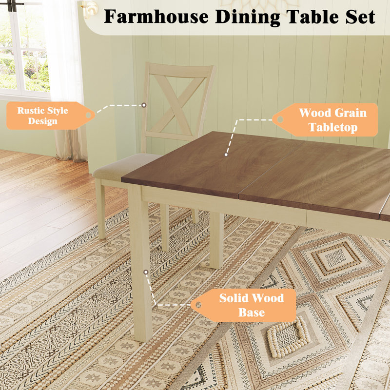 6 - Person Farmhouse Rectangular Solid Wood Dining Set, Brown/white