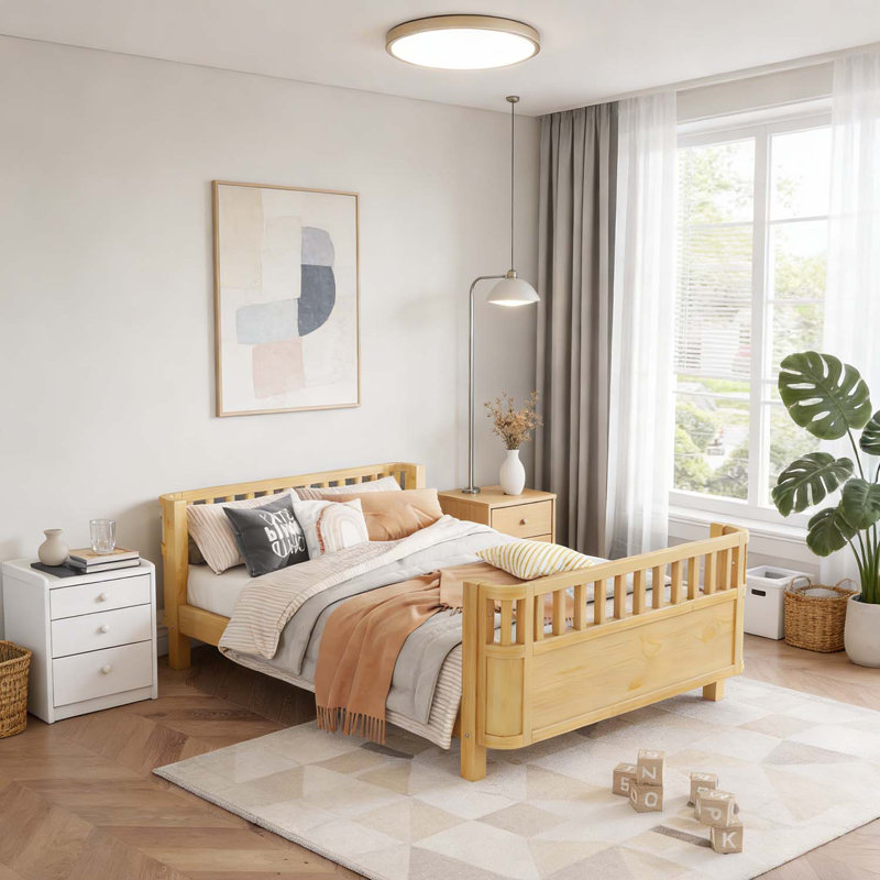 Lit plateforme en bois avec rails de sécurité, conception à profil bas, Naturel, Lit double