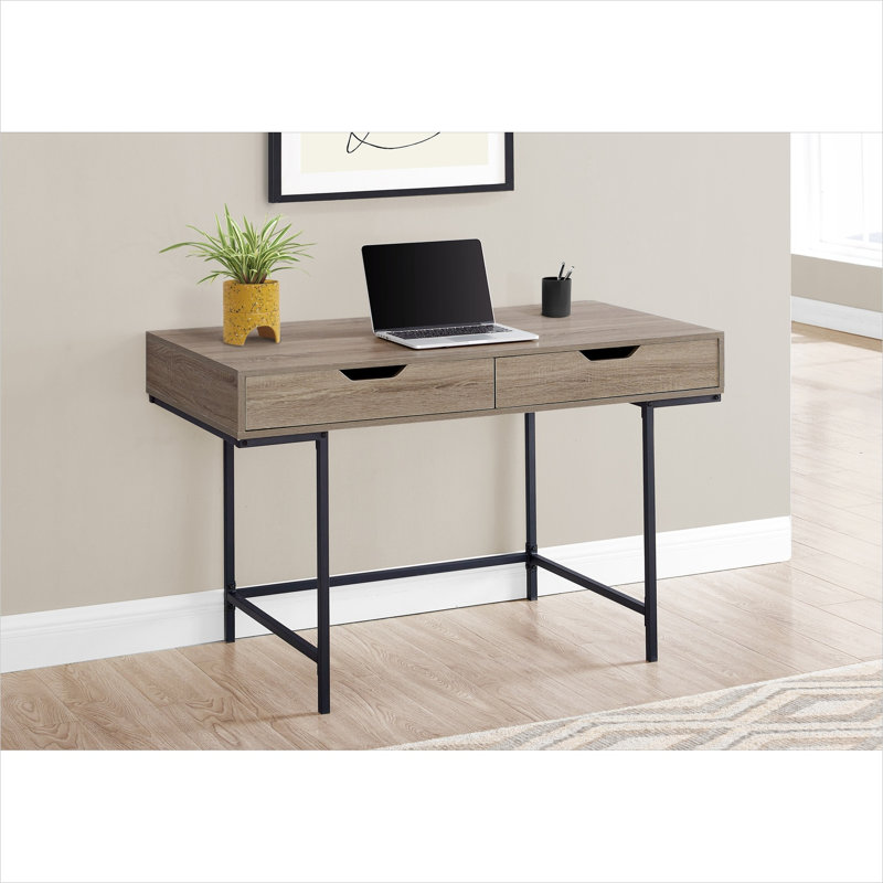 Bureau d'ordinateur rectangulaire avec tiroirs au fini beige, largeur 47,25, base en métal noir