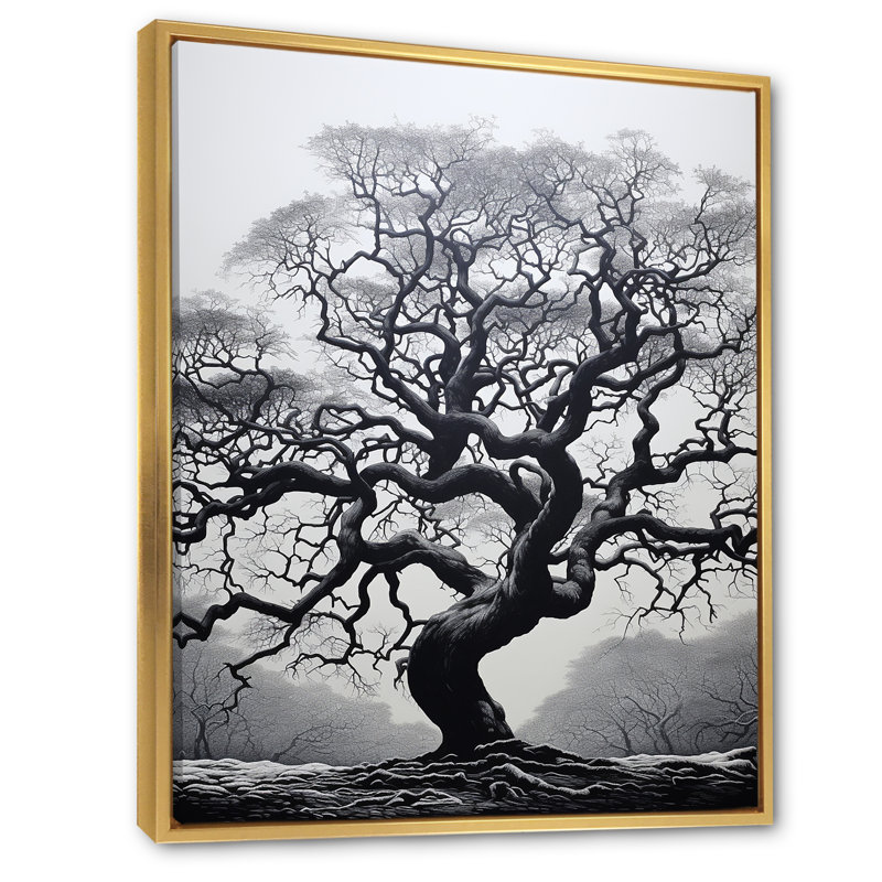 Arbre gris monochromatique Serenade II - impression sur toile florale et botanique, L 12 po x H 20 po, Cadre flottant doré